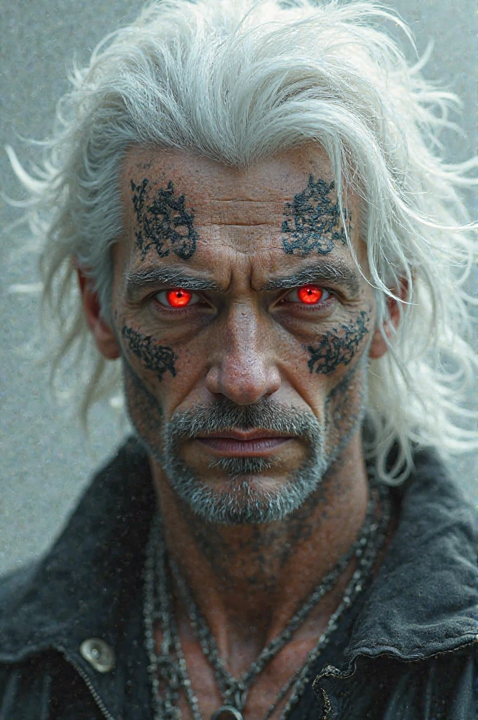 Gender:Male Skin Color:Brown Base Appearance:scars on the body, scarlet eyes, various ritualistic tattoos on the body Hair: Dreadlock, offwhite, Hair length is Medium/Small Physical Composition Base: Christian Bale in The Machinist Clothing:tooth necklace, Manto offwhite com abertura no meio