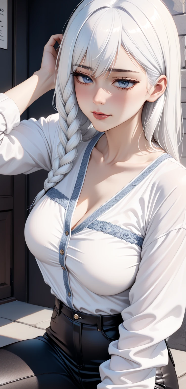 score_9, score_8_up, score_7_up, score_6_up, score_5_up, score_4_up, mei mei hand over head , blue eyes, white hair braid, large breasts, necklace,big oversized hoops earrings ,red lipstick , detailed eyes ,navel piercing , cleavage , saggy breasts ,white dress, bare legs