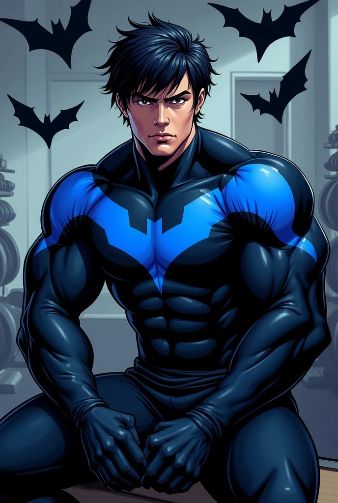 ((realistic: 1.5)),((best quality)), ((masterpiece)),((detailed)), male ninja, Vigilante, Caucasian American, handsome, photorealistic face,short hair, attack position,nightwing,vigilante tactical superhero outfit, katana on the back,leather gloves,abdominal muscles visible,chest visible, just outside of the city with evening cityscape in the background, huge biceps, huge muscles, muscular big body,dick grayson,Nightwing