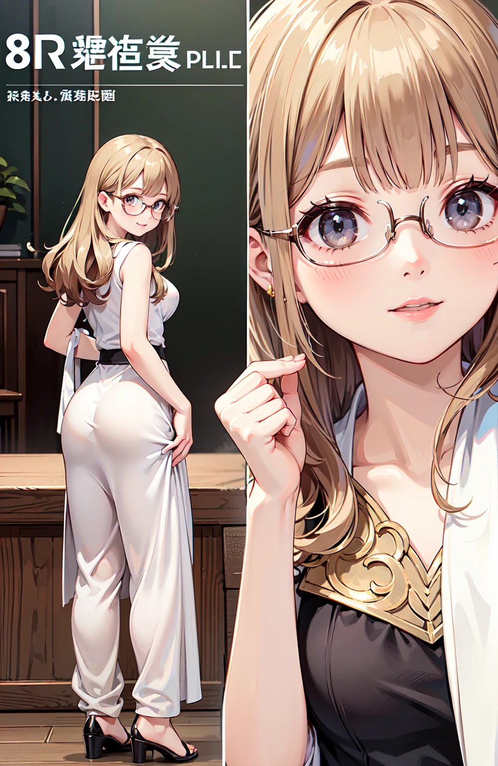 ((masterpiece)),(((highest quality))),(character design sheet,same character,front,~ ~ side,return), cute girl reference book, Standing picture,全naked,naked,whole body,up style,classic,glasses,クラウンbraid hair,braid hair,blonde,blue eyes,detailed face, thin hair, (simple returnground, white returnground: 1.3)