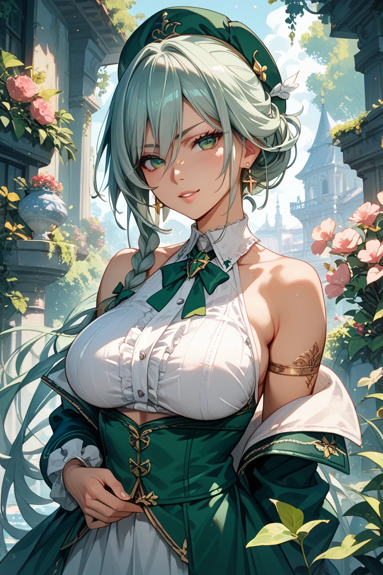 Boku no hero academia screenshot. women. White skin, teenager 15 years old, light, long, wavy white hair with streaks, piercing turquoise eyes, beautiful and attractive, high, good body, Victorian vintage lolita dress with a wide dark green skirt and crystal details, in a greenhouse of white and red roses