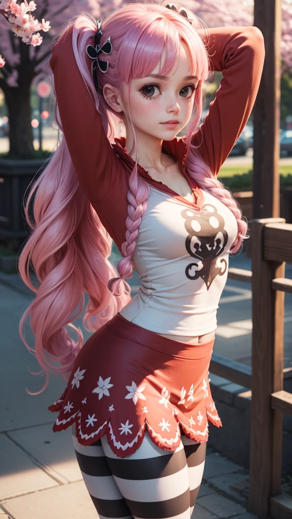 extremely detailed CG unity 8k wallpaper, best quality, ultra-detailed, masterpiece, realistic, photo realistic, (skirt lift), ((skirt lift by myself)), white panties , panties focus, blush, parted lips, looking at viewer , half body shot , wearing off-shoulder shirt, (Perona One Piece), ping long hair, blushing, smile, beautiful face, embarrassed face, contrappasto, head tilt, cute face, goth outfit, twintails, eye closed, outdoor, sakura blossom,