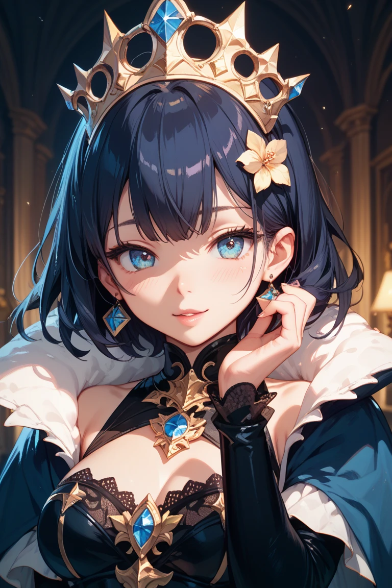 The girls1people、full full body、rainbow hair, Hair Between Eyes, tiaras、diamond-shaped pupils, Makeup, smiley, Anime style, Iridescent dresses、F/1.8, from above view, idol、Masterpiece, Best Quality
