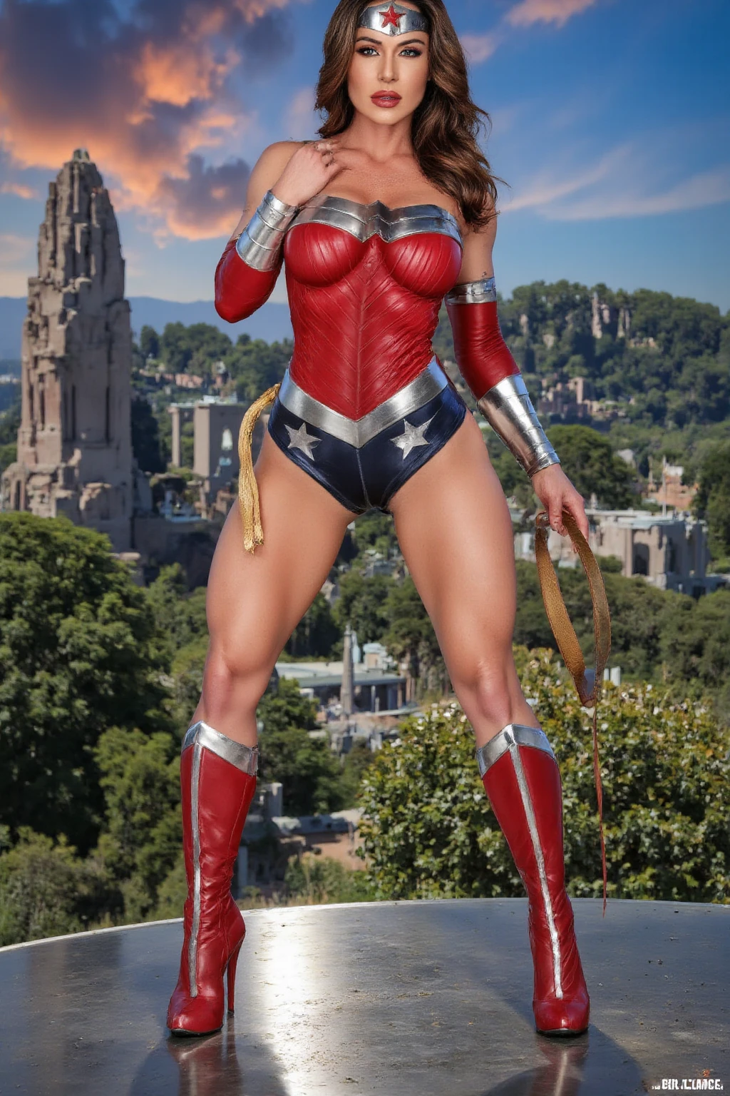 Wonder woman, Portrait photo by Altgarm, realism style, Glowing skin, Cartoon hero, Defined lips, Strong physical strength, Feminine body, Full body, viewer, Depth of field f/1.8, natta, ultra wide lens, ((Shooting from below)), (large udder:1.2), Ancient Greece, Stars in the night sky, sacred place, Rear view climbing the stone steps,