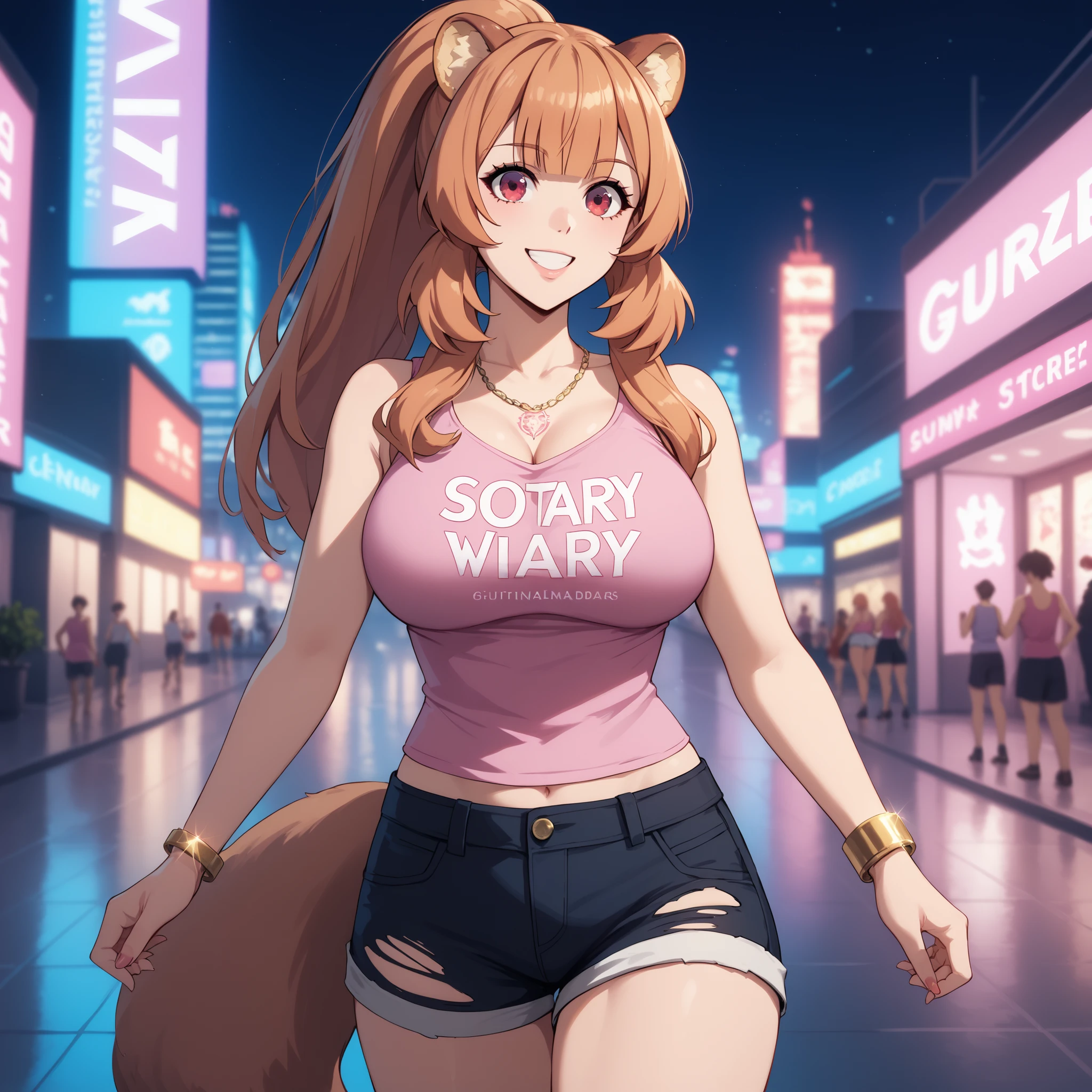 "raphtalia, smooth orange hair ponytail hairstyle ,  rounded and soft bear ears ,  ruby red eyes   ,   cheerful smile. curvaceous and slender figure , big breasts y bien proporcionados.  (modern pink tank top) , (pink sleeveless top with buttons , Bermuda , neckline), ( torn shorts ). Her skin shines with drops of water ,  giving a moist and realistic effect . She wears elegant accessories ,  such as golden bracelets and a delicate necklace . standing in front of a cyberpunk city at night in the background. warm and soft lighting, highlighting the reflections in her skin and hair. anime style, ultra detailed,  high quality art , 4k, soft shadows and vibrant light effects."( big breasts)  a single woman.  girl. 