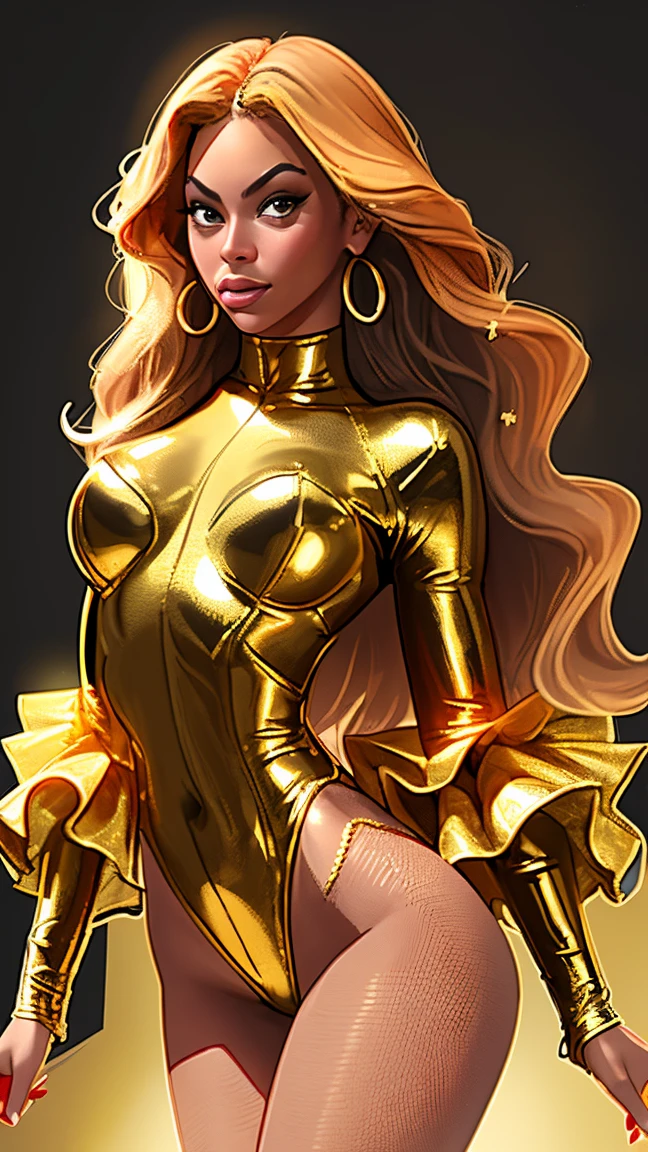 Beyonce Knowles posing for playboy, short golden dress that seems to flow like honey, dark skin, black skin