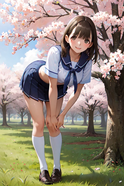 highest quality、High resolution、detailed background、beautiful and detailed face、beautiful and smooth skin、skin texture、professional lighting、Beautiful teenage girl、(huge breasts:1.1)、cute sailor suit、white sailor collar、plaid pleated mini skirt、Cute Braid Hairstyles、white knee high socks、white knee socks、((cherry blossoms舞い散る木の下で眠る))、cherry blossoms、Big tree、大量のcherry blossomsの花びらが舞う、cherry blossomsの花びらを地面に広げて、looks a little sad、show the whole body、underboob、panty shot