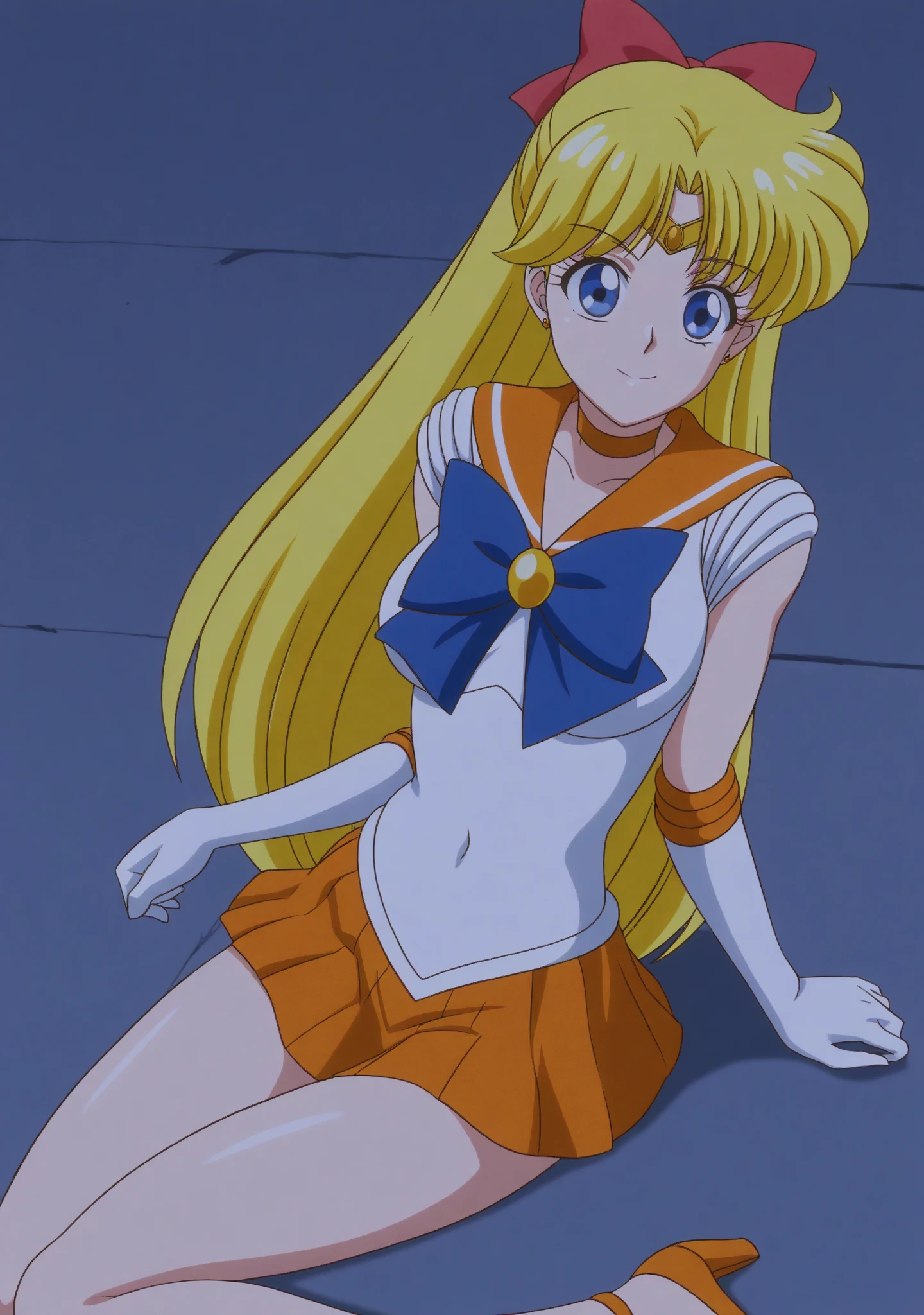 masterpiece, highest quality, High resolution, SV1, Sailor Senshi Uniform, Orange skirt, elbow bag, tiara, orange sailor collar, red bow, orange choker, white gloves, jewelry, (1990s \(style\):0.9), sitting, crossed legs, Show loot