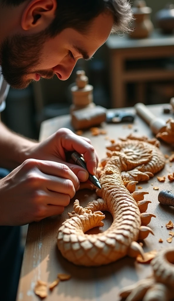 Close-up of the oldest hands, taillant une grande sculpture en bois de chaîne d'une femme allongée couverte d'une robe à fines bretelles et aux détails fractals, copeaux de bois, sculpture, ciseau à bois, outils de sculpteur, grande précision du geste, travail sublime et délicat, oeuvre d'art, masterpiece, très haute qualité, les mains sont les éléments principaux de la scène, les mains sont hyperréalistes et nets