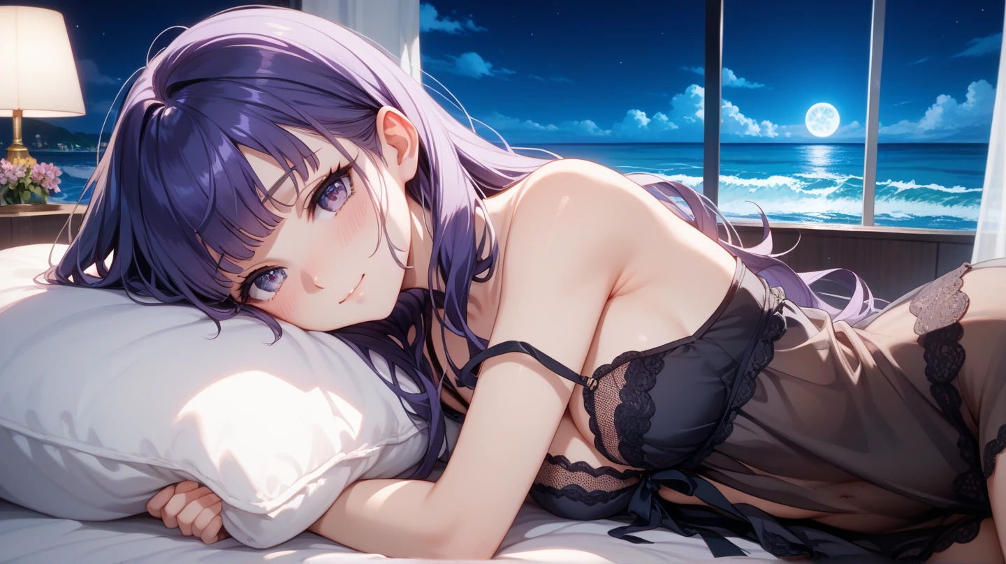 masterpiece,Female college student lying on bed,Bra and panties,night,Lights out,blindfold,Sleeper train,Big Breasts,