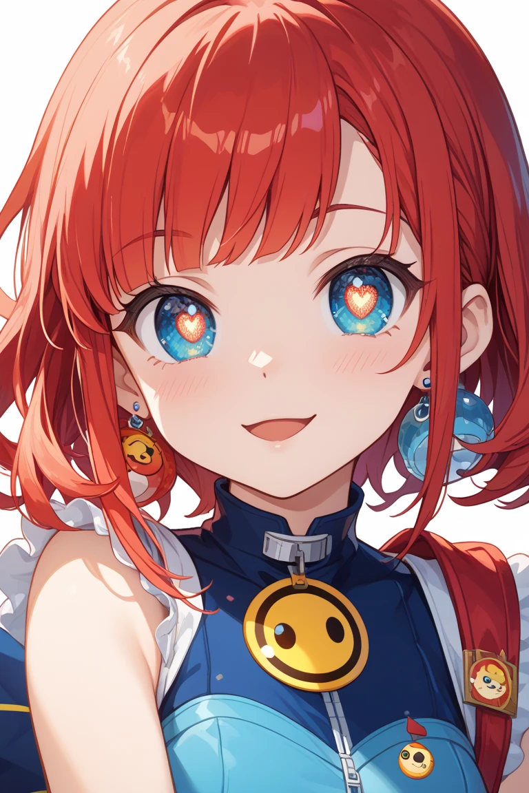 18 year old beautiful girl, blue big eyes,  Petite and slender、slightly large breast, ((scarlet orange hair,)),(Loose fluffy short braided hair), in 8K, of the highest quality, (Highly detailed head: 1.0), (Very detailed face: 1.0), (very detail hair: 1.0),(traveler costume)、sexy tattoo, Detailed official artwork, anime moe art style, clean detailed anime art,cool smile