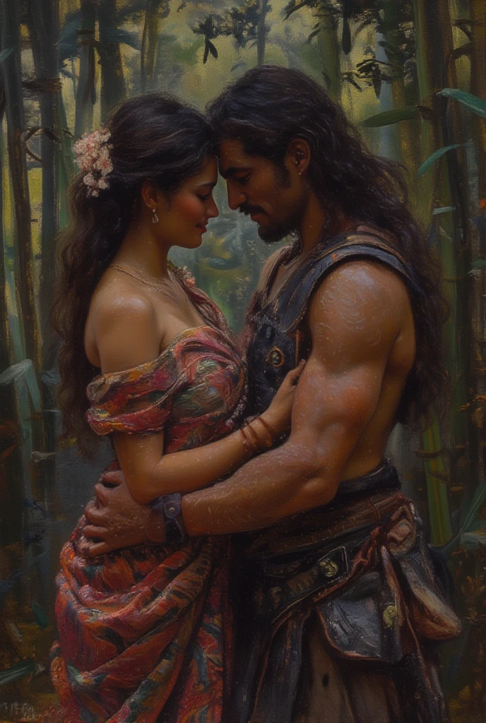 I need you to make me an image from the 1490s in Colombia about the son of a king and a slave looking at each other with love.