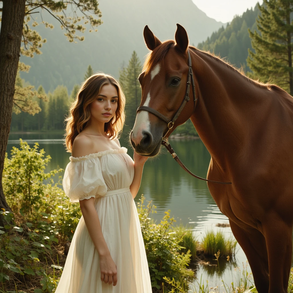 A beautiful young woman with medium, wavy brown hair, wearing a white off-the-shoulder dress, standing next to a large, chestnut-colored horse in a serene forest setting. the woman, who appears to be in her early twenties, has fair skin, black eyes, and is looking directly at the viewer with a calm expression. she is holding the horse's halter with one hand, and her slender physique is accentuated by the sheer fabric of the dress. the background features a tranquil lake surrounded by lush green trees and mountains, with a soft, warm light filtering through the trees, creating a dreamy, ethereal atmosphere. the image has a high-quality, realistic style with vibrant colors and intricate details, making it a stunning and captivating piece of art.