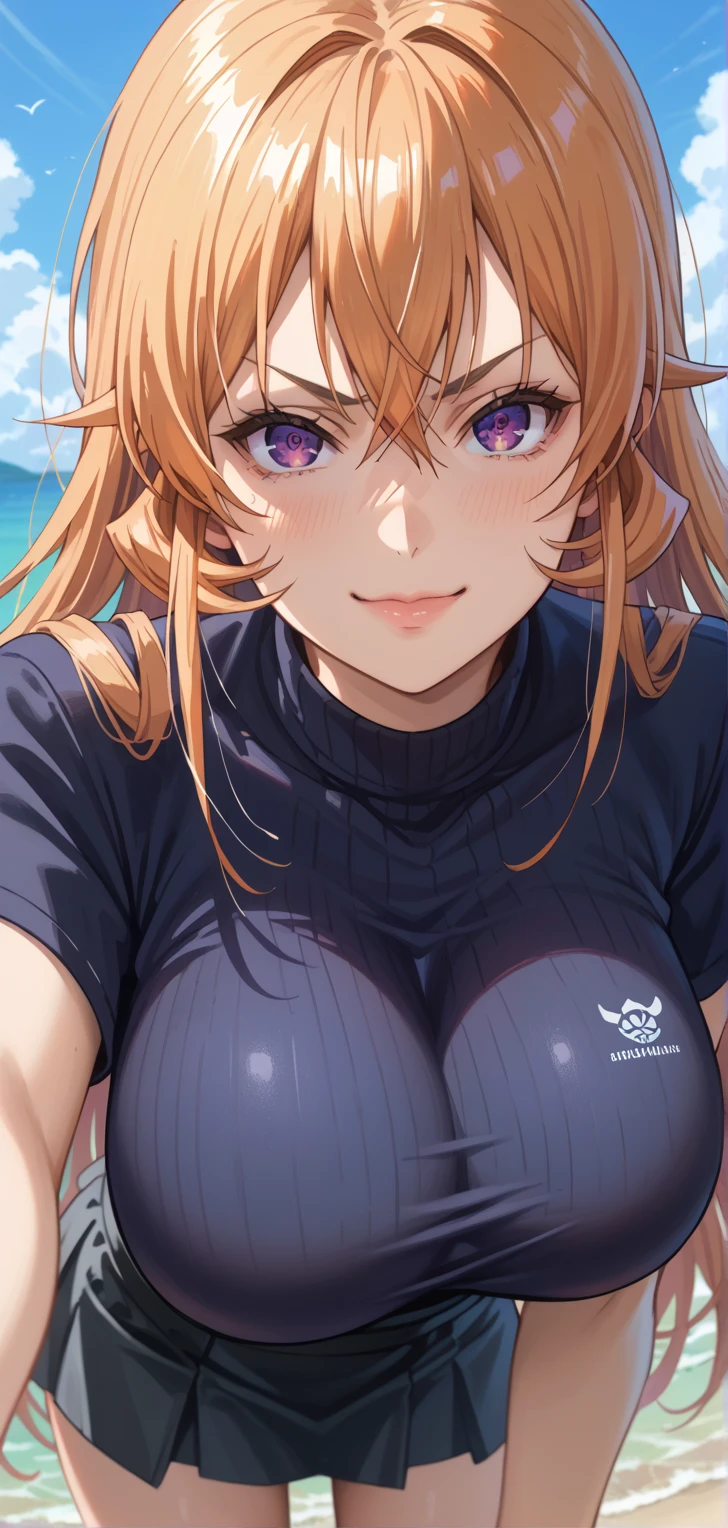 Perfect composition,masterpiece, (Highest quality), Adult women, bionde, Hair length, Side Ponytail, Purple eyes,sweater, skirt,Huge Cleavage,Sexy woman, Embarrassing,blush, Bright colors,,Natural soft light,RTTX 10.0, (Detailed face:1.2), Showcase, (Perfect Eyes:1.1) ,(Photorealistic:1.1), 8k Ultra HD, Look at the viewers, Seaside, beach, Simple Background,(Cleavage:1.4),Tremendously large bust,Huge bust,(throw,Close-up shot:1.2),From the top of the head to the waist,