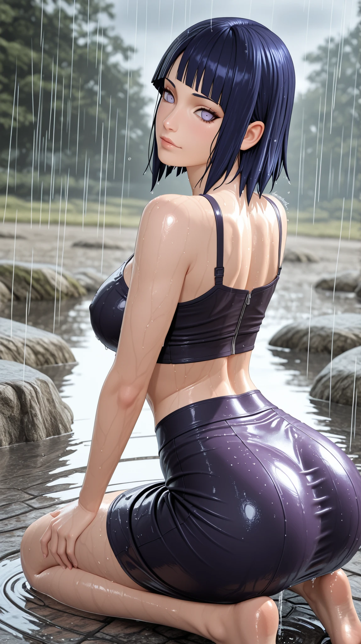 closed mouth, (), ((1girl)), ((((solo))), (((alone))), (((genderbend))), (((female))), wide hips, thick thighs, huge breast, narrow waist, ((blue top)), (jean mini shorts), ((anime artstyle)), long eyelashes, (long black hair), (prostitute), (((raining))), (((storm))), (((at night))), (((wet))), in the dark