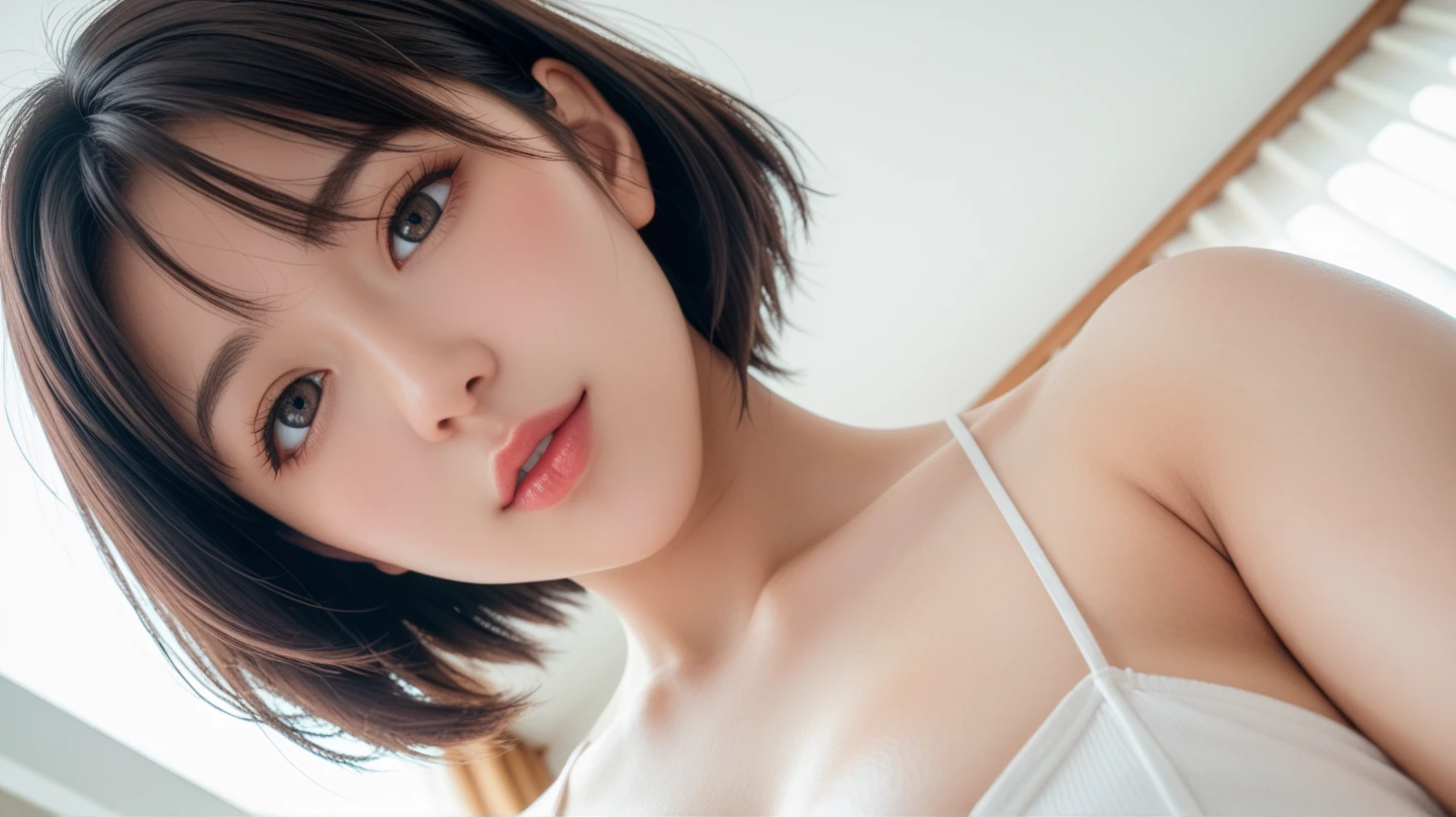 masterpiece、Highest quality、High resolution、Tabletop、wallpaper、Realistic、Bright lighting、Professional Lighting、Face Light、Smooth lighting、Japanese women、Adult、Beautiful woman、action、gravure、sexy、poor、so beautiful、Beautiful Skin、Beautiful and detailed、Detailed face、slim、moderately、short hair、Brunette Hair、Brown eyes、Looking at the camera、I have a lemon