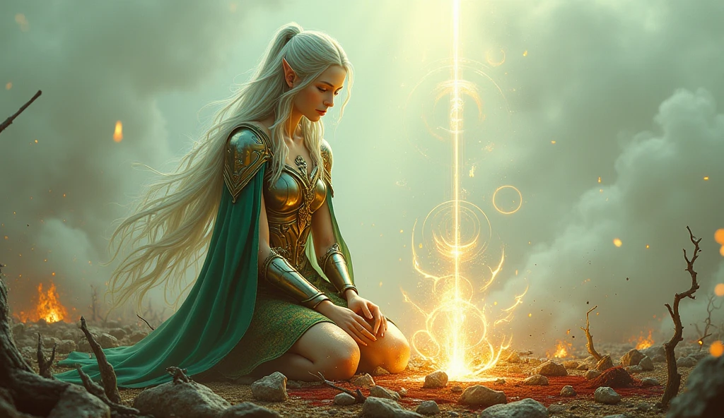 a graceful female elf cleric kneeling in a battlefield filled with smoke and broken weapons, gently healing a wounded ally cradled in her lap, radiant light flowing softly from her hands, wearing an elegant priestly robe mixed with light armor decorated with nature-inspired motifs, long silver hair trailing with the wind, her emerald eyes full of calm determination, glowing magical sigils floating around her, the chaotic battlefield behind her blurred into watercolor strokes, embers and dust swirling gently in the golden light of her spell, blood-stained ground giving way to blooming flowers under her power, soft and ethereal watercolor painting style, emotional and dramatic moment, high fantasy setting, subtle pastel tones blending destruction and hope