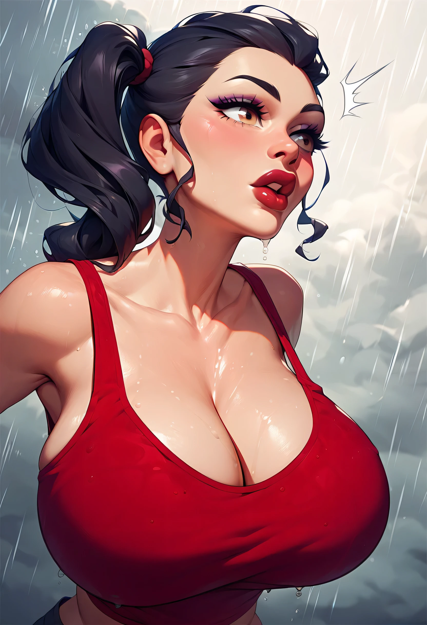 (ager), perfect face, black hair, side ponytail, (forehead), black natural eyebrows, light brown eyes, (purple eyeshadows), black eyeliners, big eyes, nose, blushing, (dark red lips, thick lips), surprised, big lips, collarbone, cleavage, huge breasts, (round tank top, red tank top, wet tank top), (perfect body), dark cloud sky, rain