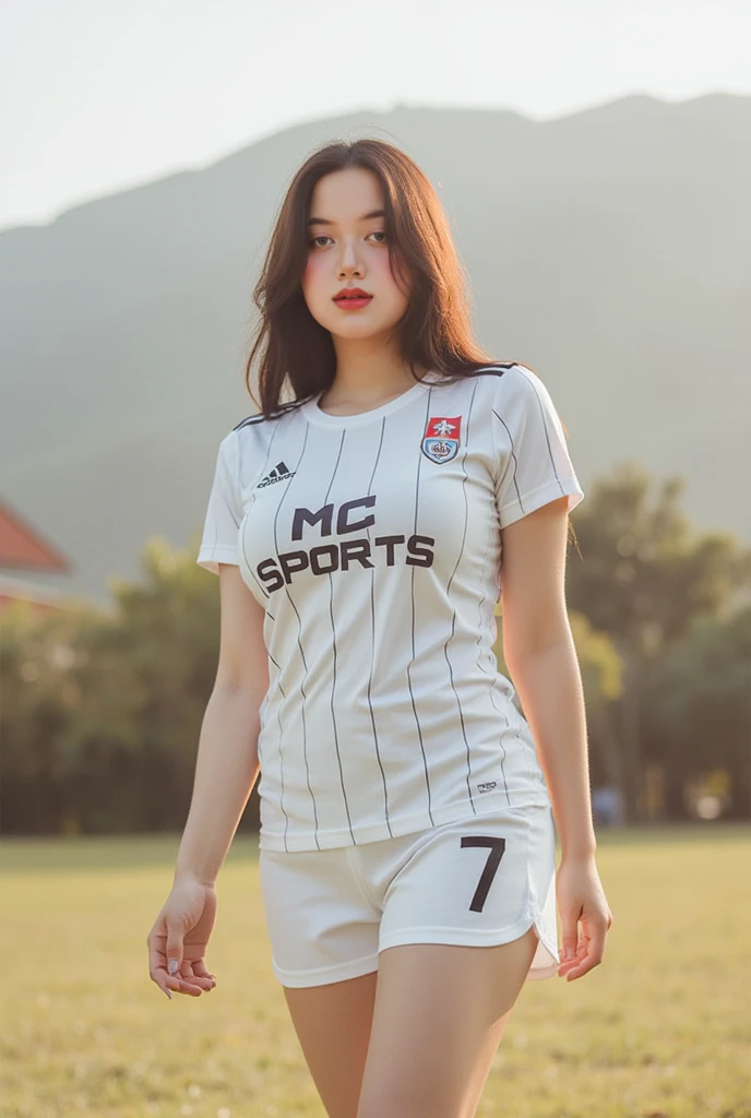 1woman, tall women, thick thighs, standing, posing, (Best Quality, 8k, Masterpiece: 1.3), (Clear Focus: 1.2), (Perfect Body Beauty: 1.4), Highly detailed face and skin texture, shiny face, detailed eyes, double eyelids, pink lips, pony tail hairstyle, black hair, white shirt, black shorts, soccer uniform, no body reveal