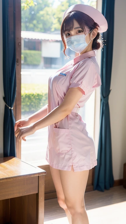 nsfw,nude、1 Female, nurse, nurse Cap, Whiteware, ((White legwear, zettai ryouiki)), White gloves,  Pink lipstick, smile, Are standing, Sharp contours, Short sleeve, Mature Woman, Highest quality, Tabletop, clinic、Browsing Caution,Focus on the thighs、Dick