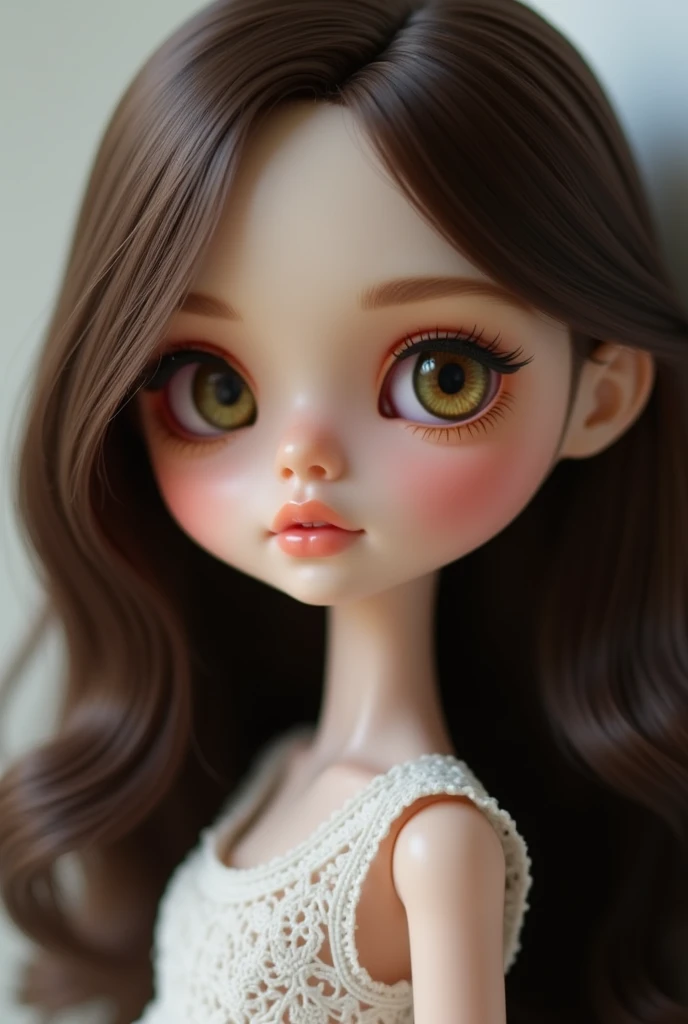 make a blythe doll with pale skin, blue eyes, brown hair with side bangs and pouty lips