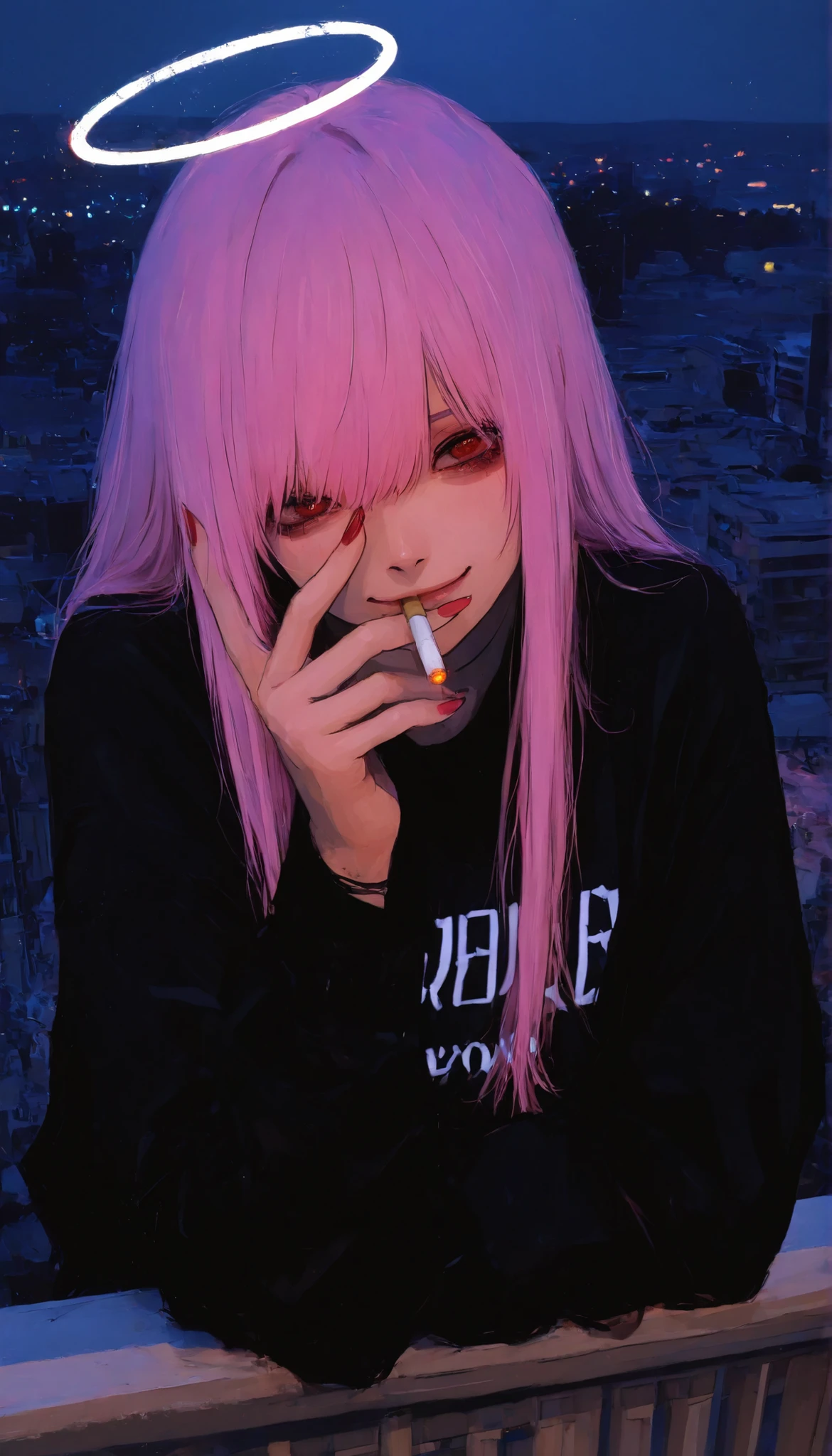 Beautiful girl in emo fashion standing on the roof of a building and smoking a cigarette with an angel's circle of light floating on her head、top quality、Ishida Suisaku、masterpiece、748cm style、upper body、one girl、 hair swaying in the wind、artistic expressive red eyes、long hair with multicolored gradients、abstract futuristic accessories、bold pattern fashion、unique shaped jewelry、Creative and dynamic nails、artistic confident gaze、subtle mystical face、contemporary art atmosphere、Adobe Illustrator、Hand-drawn、Digital Painting、 low poly、Soft Writing Isometric Illustration Style、x}retro aesthetic character background focus、4K resolution、photorealistic steps、Cinema4D、Film Writing with Her Mouth Closed and Smiling Slightly、dynamic synthesis、Pixiv Fanboxトレンド、How to use saturated gouache、Cyberpunk、action painting、