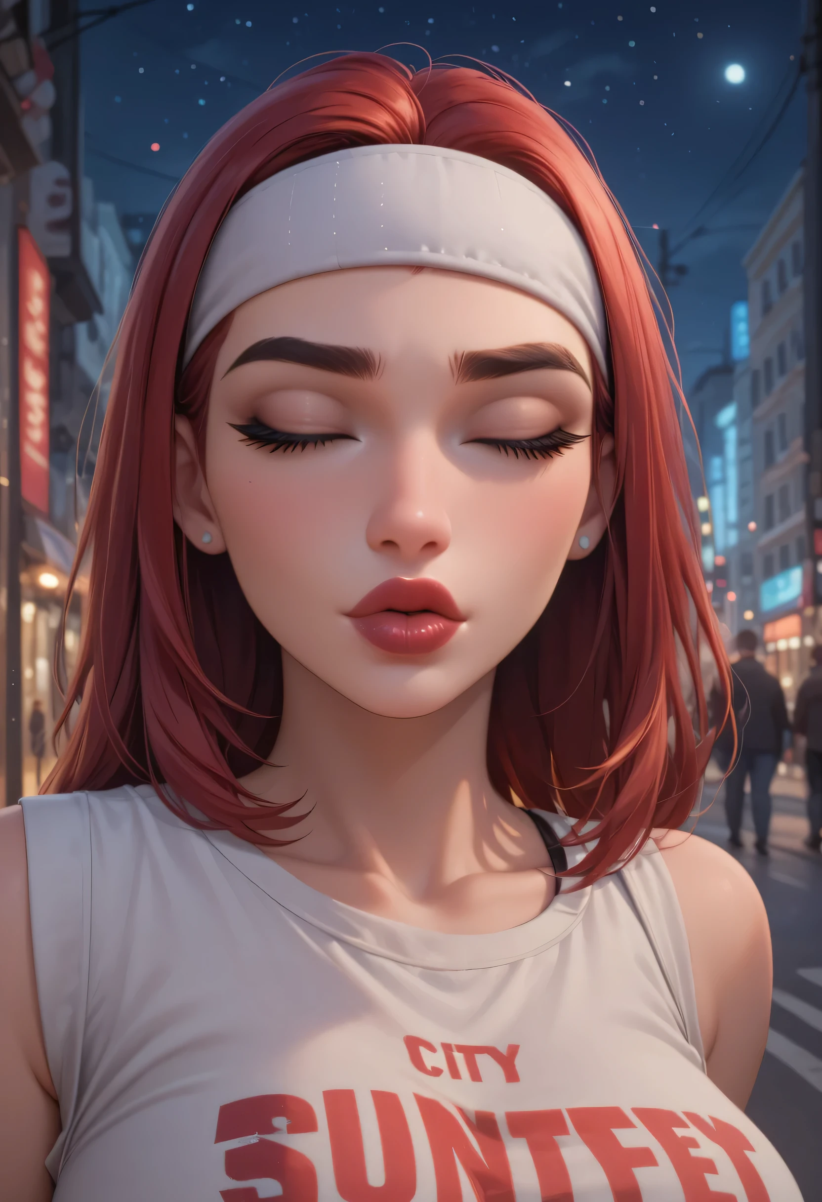 night sky, city street, perfect face, straight hair, lightest red hair, white headband, black eyebrows, thick eyebrows, black eyelashes, black eyeshadows, black eyeliners, closed eyes, bright red lips, thick lips, kiss lips, beautiful woman, white tank top