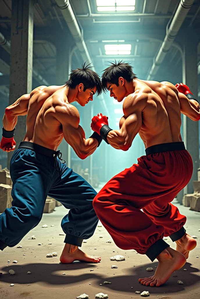 In the gritty backstreets of the city, two determined boys square off in an intense street fight. Their faces are marked with grit and determination as they circle each other, fists clenched and muscles tense. Trash cans and debris litter the dimly lit alley, serving as an unconventional battleground. The neon signs overhead cast a surreal, flickering glow, adding to the atmosphere of raw energy. Their movements are lightning-fast, a blur of fists and feet, as they exchange powerful blows and calculated strikes. The sound of their grunts and the impact of their punches echo through the narrow alley, unnoticed by the world beyond. It's a fight born of pride, rivalry, or perhaps a deeper conflict, and it rages on with an intensity that can only be found in the unforgiving streets of the city. Render all the scene in a hand drawing manga style and japanese animation