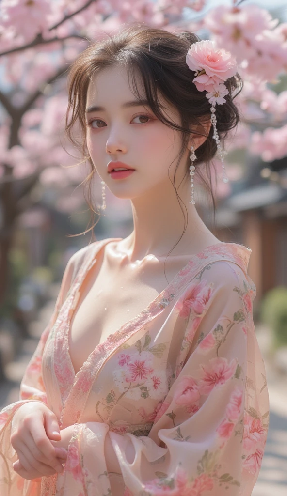 loose outfit、Show shoulders、How to wear a gown with a broken see-through halter neck、Decorated with intricate patterns and pastel colors、Transparent material that makes the skin shine、Artistic depiction of seductive woman in gown with wet thin cloth and transparent skin, Floral and fantastic pattern with flowing silky traditional see-through skin。Her dress draped elegantly around her curvaceous figure、Emphasizes her charming silhouette。She's a gentle fireworks night、Dynamic Posing、Sexy Posing、bathed in the soft glow of moonlight。The scene is、With a hint of mystery and sensuality、It exudes an ethereal dreamy atmosphere。The image style is、Incorporates a blend of watercolor and digital illustration techniques.、It makes you feel delicate beauty and charm。Soft moonlit lighting、Cast gentle highlights and shadows on her mesmerizing features。Dynamic Posing、Bold poses、The hand is somewhere、see -through、show through、A sexy、Wet hair、Wet、cherry trees、flower petals、cherryblossom、The cherry tree、Sakura blizzard、buried、Transparent skin、Wet clothes、Chest Pulling、Translucent clothes、Eau、nudde、