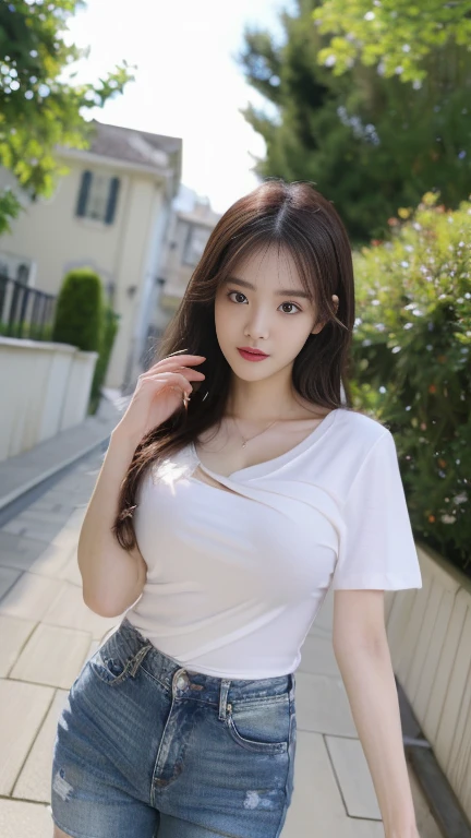 best qualtiy, tmasterpiece, 1girll, beauitful face, (photograph realistic:1.3), edge lit, (highdetailskin:1.2), 8K UHD, digital SLR camera, high high quality, A high resolution, 4k, 8k, bokeh, absurderes, Optimal proportions of four fingers and one thumb, (realisticlying:1.3), Cute 1girl, dressed in a white t-shirt, Higher breasts, Short white dress,