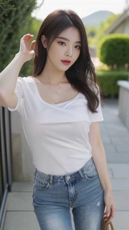 (Best Quality, Masterpiece:1.3), Illustration, ((Beautiful detailed face)), beautiful detail skin, intriciate detail, The ultra-detailliert, Best image quality in 8K, Real Image () (24-year-old female model:V-neck sweater, Denim shorts, Black pantyhose) (Middle breast), , () , , (perfect fingers) , , Park Background , , Gold-haired , , ((Very delicate glowing skin))