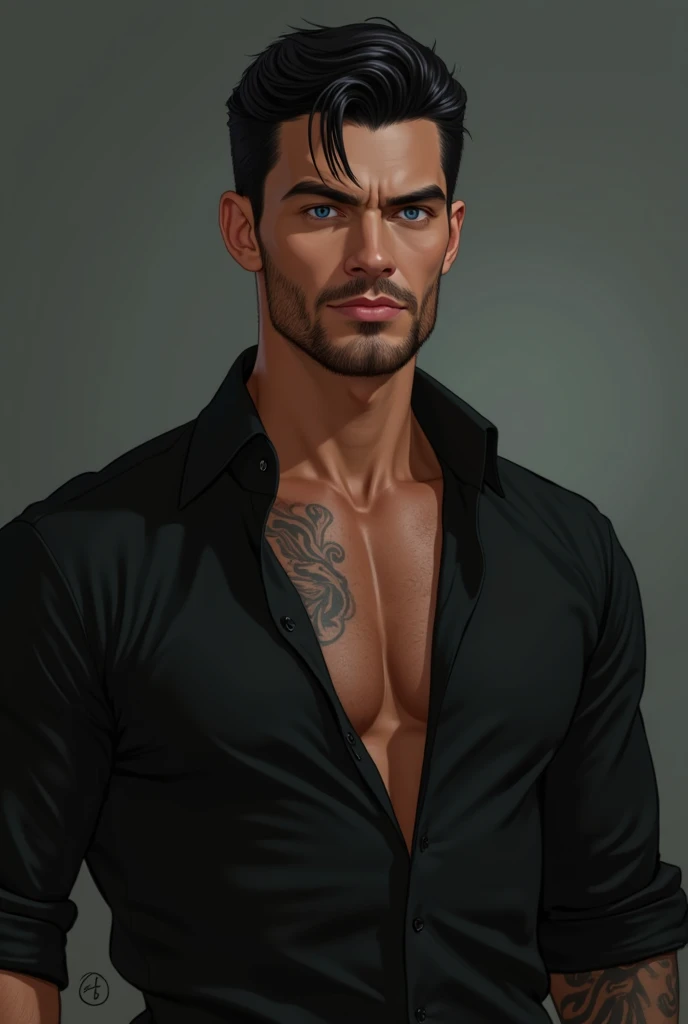 a young man AI high quality muscular tattoo with name ruy light skin tanned piercing gaze light pink mouth with realistic bedroom background