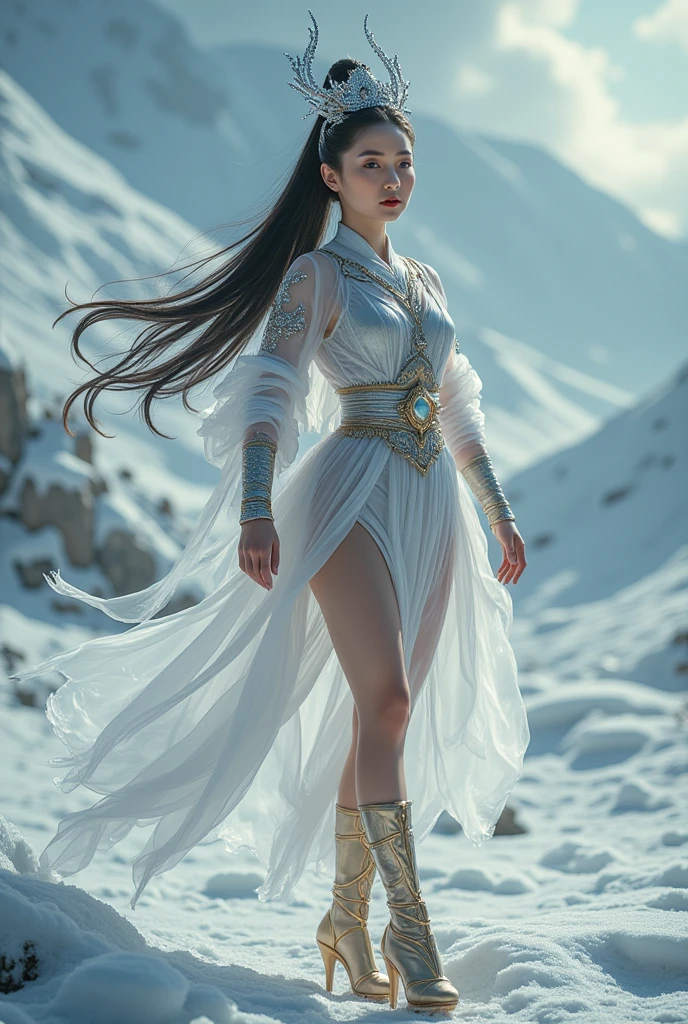 ((Ultra Realistic))((Masterpiece of exquisite regal quality)),((Detailed masterpiece portrait)) ((meticulous details)), (( Snow Clad Mountain)) ((Flower Garden)), ((Close view))(( Front view)), (( Rear View)),(( Facial View)),(( Fantastical background)), ((Photorealistic high detail)),((Detailed Face))((Well Defined Arms and Legs))
Indian Sisters. Love. 6 feet Tall. Light Skinned . Hourglass Voluptuous Body .Muscular and Abs. Well Chiseled Face. Heard shaped face. Sharp Jawline. Almond Shaped Eyes. Supple Red Lips. Black Hair. Curly hair. Big Breast. Wide Bubbly Butt.Thin Waist. Beauty Spots.
Transparent Silver and Gold multi piece sexy outfit .Loosely Draped Silk Saree. Intricately Ornamented Golden Outfit.Skirt outfit .Transparent Stockings. Gold and Silver. Sapphire. Ruby. Diamond. Transparent veil. Vibrant Robe . Arms Accessories. Cape. Large Earings. Large Necklace. Rings. Waist ornaments
Spear on one hand. Trident on one hand. Thigh High Big Boots . Wet body . Sultry. Flying pose. Model pose.Leaning Pose.Smiling. Bowing Pose. Joy . Tiara.Beautiful, Calm. Bright Background. Divine. Godly.