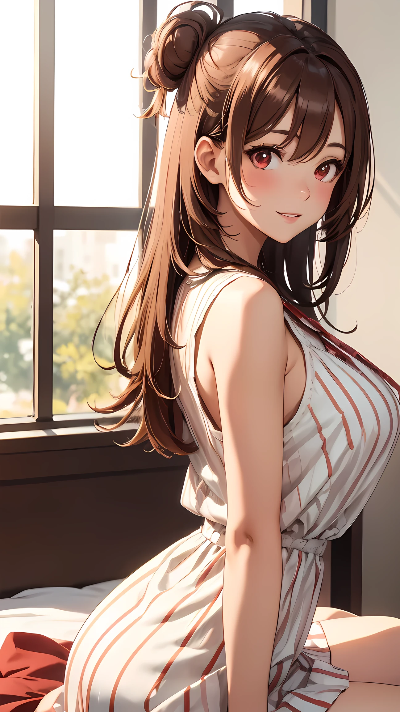 (highest quality,masterpiece:1.3,ultra high resolution),(Super detailed,caustics,8k),(realistic:1.4,RAW shooting),18-year-old,cute,Super beautiful,Japanese woman sitting on the terrace of a cafe, long curly hair, turn around, off shoulder, big round eyes, sunlight, With bangs, brown eyes, Narrow forehead, , smile, long skirt,big breasts,