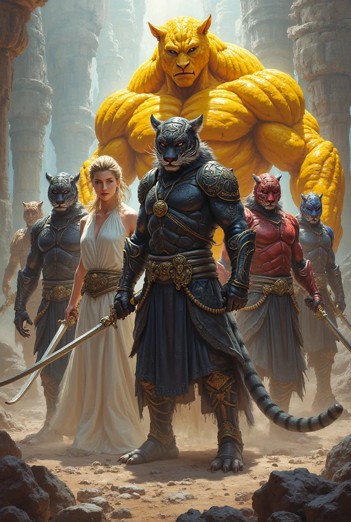 Super strong reptilian with black scales, wears simple silver armor on one side of the body. Beside him is a female feline with domestic cat features.., with tied wrists. 
They walk along a platform in a medieval-themed space environment. 
