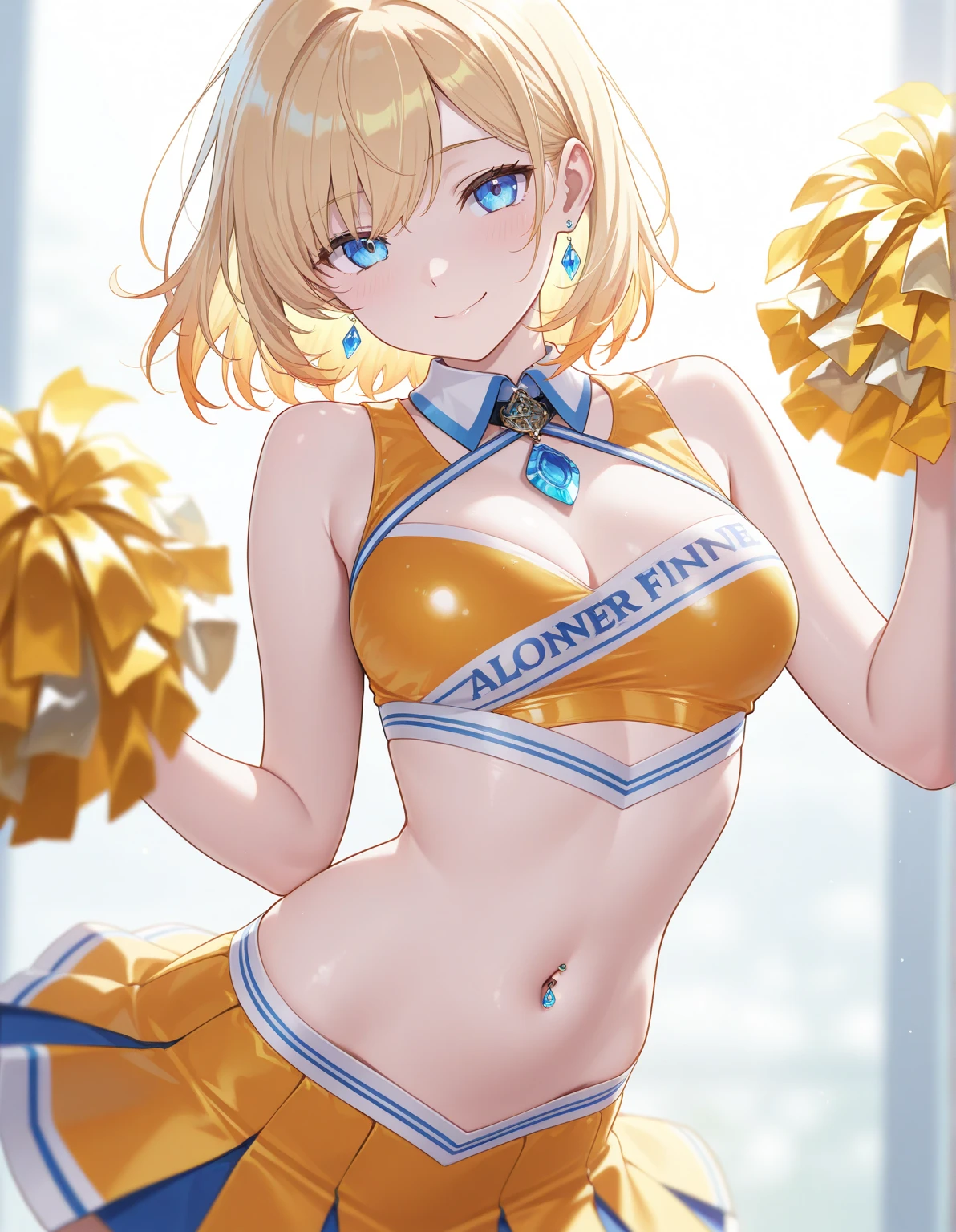 (masterpiece:1.3), (Absurd:1.3), (Highest quality:1.3), The Hands of Guido Daniele, (Very detailed:1.3),(Best Shadow:0.7), (handled hair), One girl, alone, SH1, Aizawa Ema, Large Breasts, , blonde hair, 非対称の前hair, 鈍い前hair, blue eyes, hair ornament, smile, Open your mouth, (Wet, Wet_hair, Wet__, Oily skin, Shiny), (Cheerleader, Crop top, , Exposing shoulders, , Are standing, holding pom-poms), pom-pom \(cheer leading\), Outdoor rest, Stadium, sunlight, Bright sky, Blue sky with clouds, Wind, 神のlight, light,Erotic　Twin tails　naked　Ahegao
