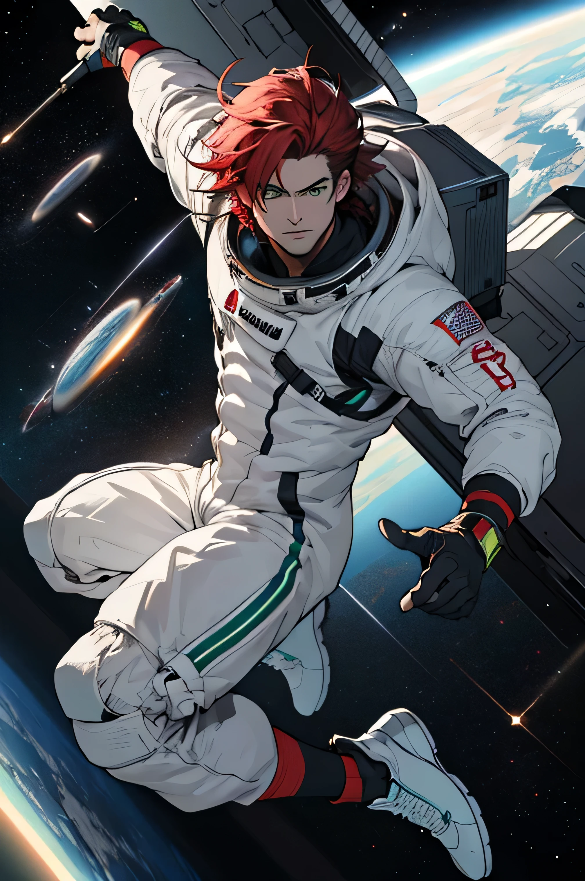 ((best quality)), ((masterpiece)), (detailed), [naughty man] [Red hair] ]blue colored eyes]  fruiting in space] [white and red costume]