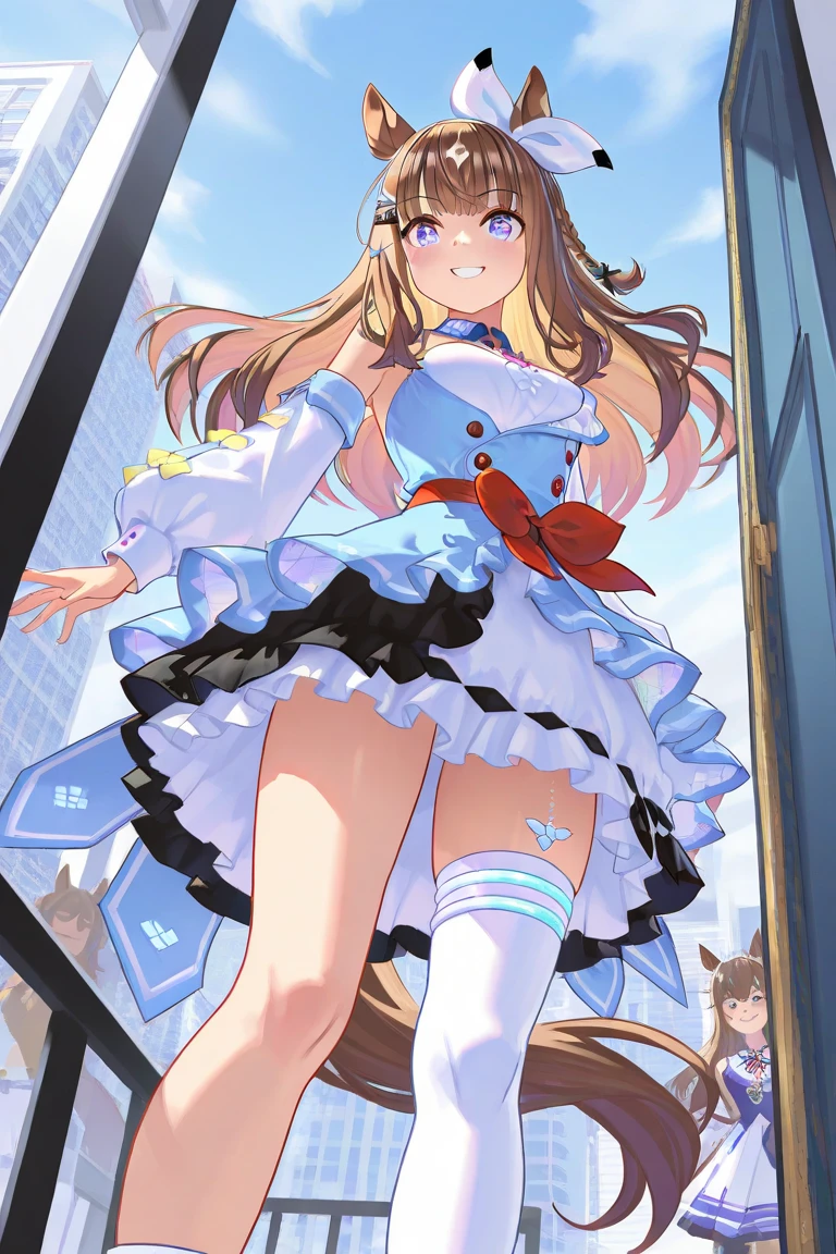 (Highly detailed CG Unity 8k wallpaper), (Best Quality), (Super Detail), (Best Illustration), (Best Shadow), POV, Realistic lighting and shading, Natural light, Lens flare effect, BREAK, 1 beautiful girl, Solo,(Cute:1.5),(Chibi:0.8), (kawaii:1.5),(Lori:0.5), BREAK, ( (17 years old girl), Very detailed, colourfull, highest details, BREAK, (Huge breasts: 1. 2,), Clear skin, Beautiful skin, Shy skin, 1 beautiful girl, Brown hair, (Cat ears, Ponytail, medium-Long hair: 1. 2), (Light blue eyes, long eyelashes, Double eyelids: 1. 2), Solo, gleaming skin, BREAK,(shortpants,Black shorts,Pichi Pichi:1.2), (Light blue dress, Long sleeves, maid apronl, White Apron, Blue Pants, Long pants:1.2), (star-shaped earring:1.1), (Lace headband:1.0), (Cute Accessories:1.3), (:D,Happiness:1.1), (is standing,Slouched:1.3), Holding a man's trunks with both hands, (Angle from below,Emphasizes cleavage:1.1), BREAK, (alice in the wonderland:1.2),(Large pendulum clock background:1.5),(Chasing a rabbit-eared girl holding a watch)