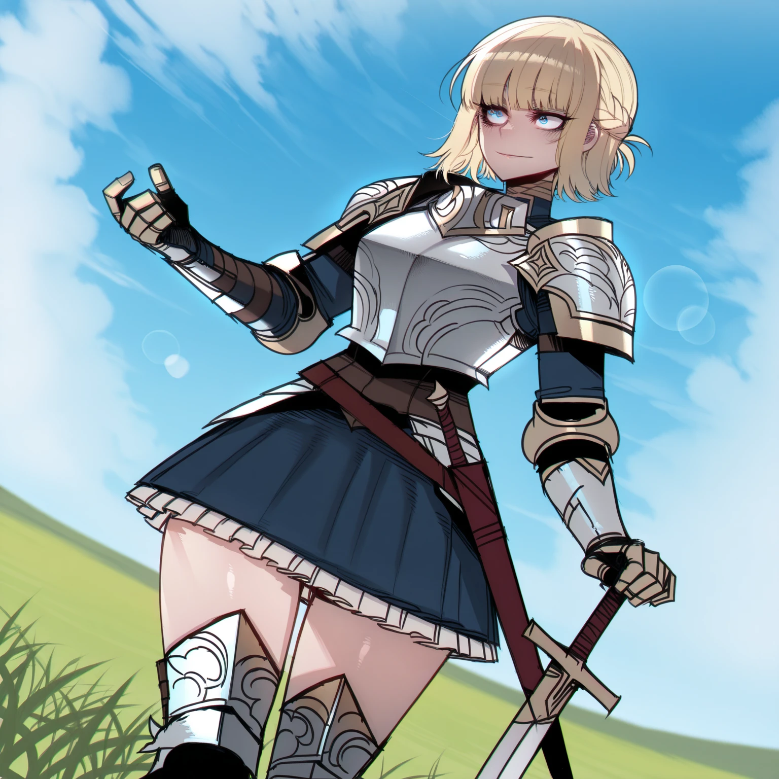 masterpiece, best quality, amazing quality, ((perfect_eyes)), 1girl, armor, armor_under_clothes, breasts, wide_hips, bevor, french_braid, blunt_bangs, blonde_hair, blue_eyes, blue_skirt, couter, flanged_mace, full_body, gauntlets, gorget, gothic_plate_armor, greaves, hair_between_eyes, highres, holding, holding_sword, holding_weapon, long_sword, original, pauldrons, petticoat, sallet, scabbard, sheath, sheathed, shoulder_armor, skirt, smile, solo, weapon_strap, ((Ratatatat74)), eyelashes, artist:(Ratatatat74), scenery, grassland, blue_sky, cloud, day, ((bokeh)), bloom, depth_of_field, grass, dutch_angle, cowboy_shot, close_up
