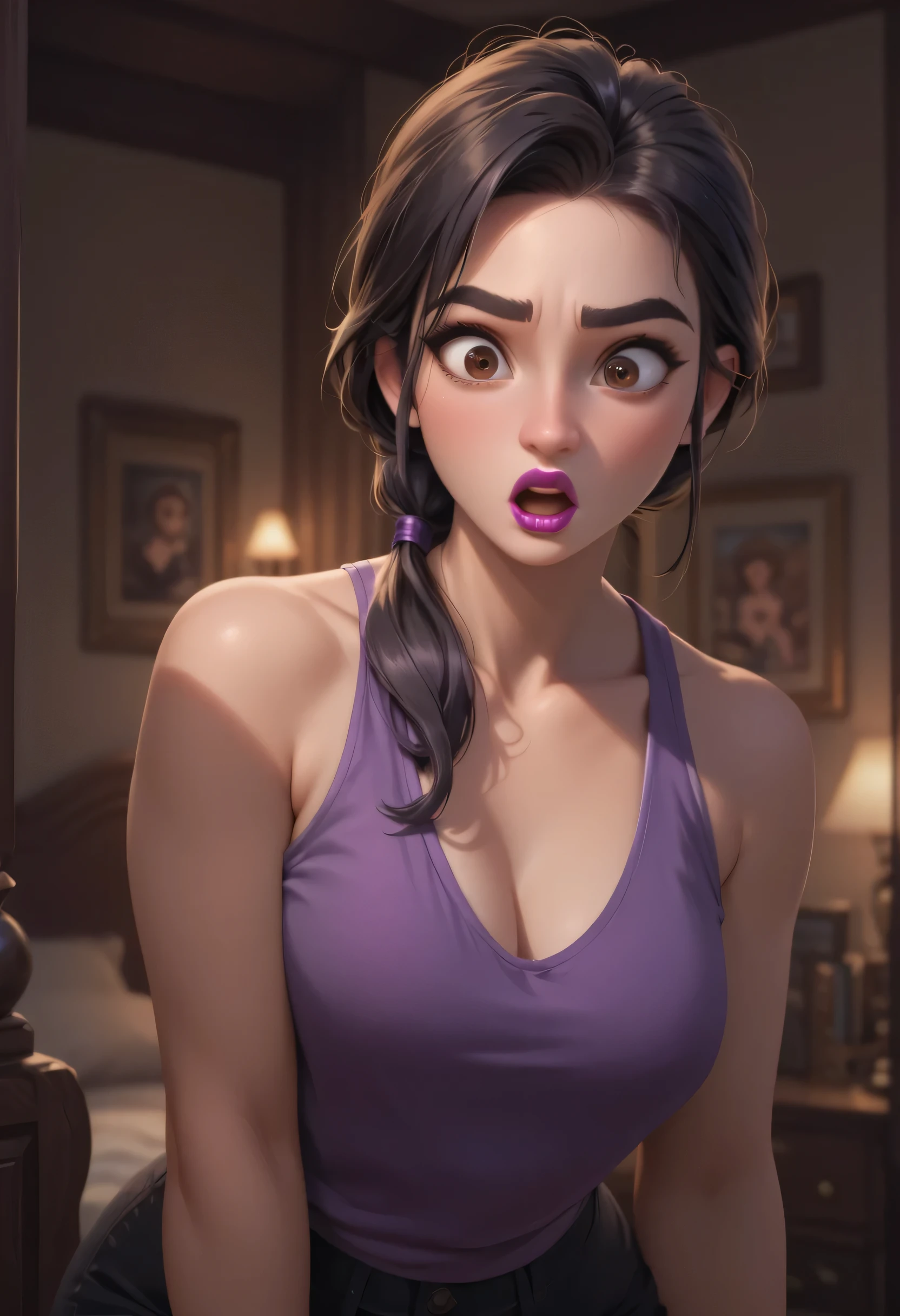 1girl, perfect face, black low ponytail, black round eyebrows, black eyelashes, black eyeliners, big eye, brown eyes, nose, thick lipstick, (surprised), beautiful girl, v-neck, purple tank top, room living