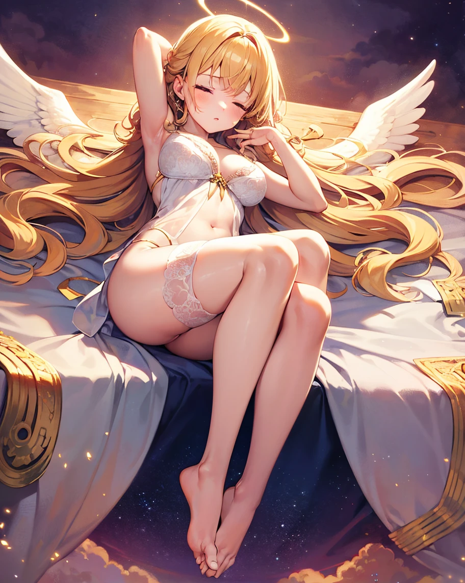 最high quality, high quality, 8K、High resolution,Highest quality、solo、Blonde hair and blue eyes、Wearing a white bikini、An adult female angel with large white wings on her back.、Lying on the bed with legs closed、Open Mouth Smile、tall、Very long legs、barefoot