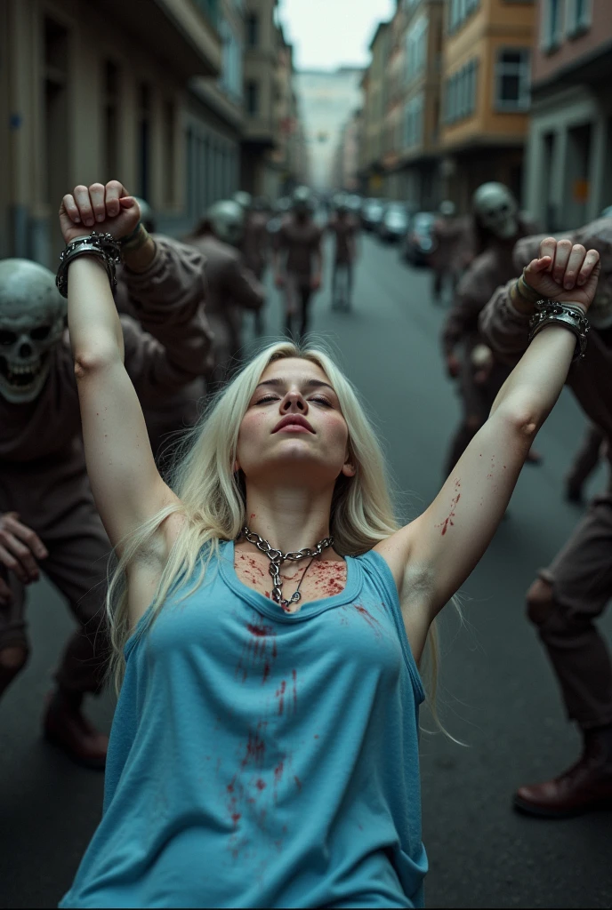 Agraphically detailed and uncensored portrayal of Billie Eilish in an unconventional and provocative situation, depicted naked and confronted by a brutal ensemble of five men, with a man intimately involved, penetrating her completely opening vagina. The sunlight gleams vividly on her emaciated and pale body, contrasting the lively atmosphere of the bustling street and its inhabitants. The focus dwells on the harrowing scene, with a man's penetration resulting in apparent pleasure and a trace of blood. A crowd of intrigued onlookers gathers, drawn in by her blood-stained and sperm-soaked form.