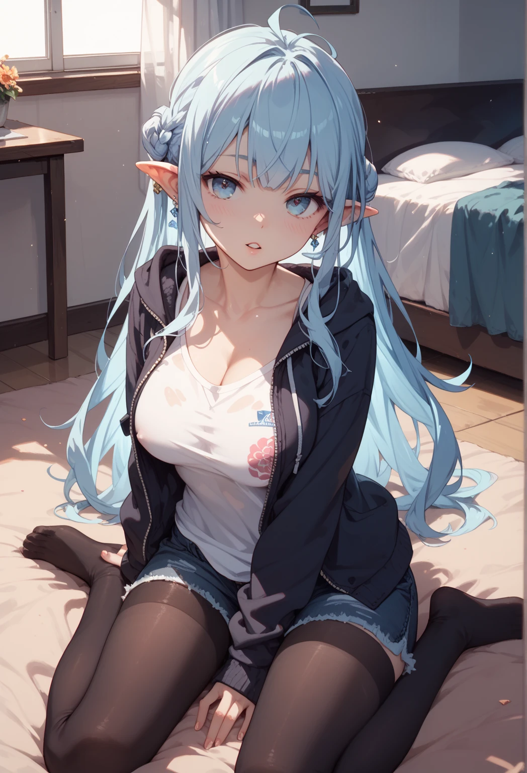 Realistic image, detailed image, 1 elf. He has purple eyes and long light blue hair that ends in shades of darker blue, almost leaning towards purple. In the middle of his face sits a lock of long, wide hair that ends at the height of his nose. She has horns that twist back along with her hair. mini top. Pleated mini skirt. Thin thong. Sneakers. Big breasts, narrow waist, wide hips and thick thighs. Pouting. Arched back. Bottom view. Thong view. View of vaginal lips. Neutral background. Uniform background. Volumetric light. Ambient light.