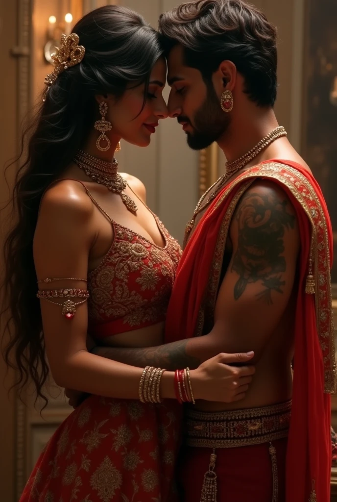a (indian sexy)man and woman kissing each other in a red and gold outfit A magical realm filled with intricately designed, hyperrealism and landscapes, softly blacklight by mystical orbs In , sexy,
