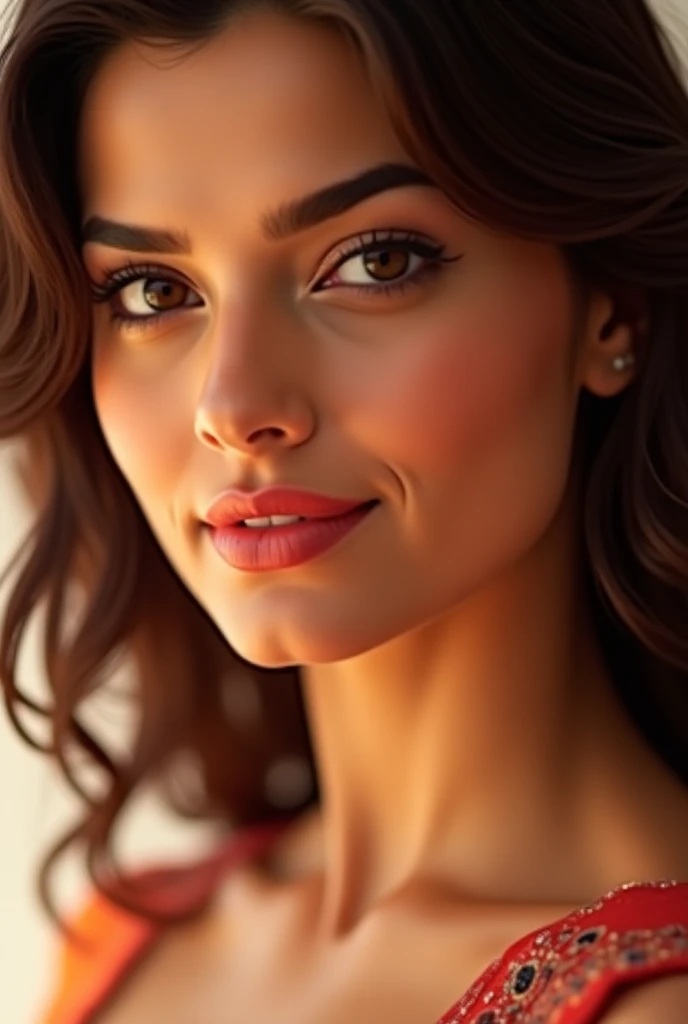 craft a hyper realistic vertical photo of Indian most attractive attitude woman in her 40s cream blue dress, extra big chest, 36d, flirty gaze, light brown hair, trending on artstation, portrait,  sleek, highly detailed, formal, determined, pink liner lipstick, soft lips, black eyes.