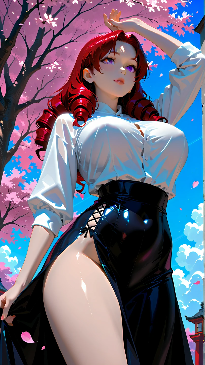 1girl, perfect female form, perfect face, thick lips, glossy lips, cowboy shot, huge pelvic, accentuated breast, lipstick, (slim:1.8), skinny waist, (narrow waist:1.4), curvy waist, wide hip, (masterpiece, best quality, realistic, hyperrealistic), sharp focus, good anatomy, (ultra detailed, ultra resolution, detailed face), WINTER FOREST, SNOW, RED HAIR, PURPLE EYES, (BLACK EYESHADOW:1.2), (HUGE THIGHS:1.6), HUGE BREASTS, SEE-THROUGH, (black blouse, strapless blouse), (delicate corset, garter belt), (black skirt, pleated skirt), zettai ryouiki