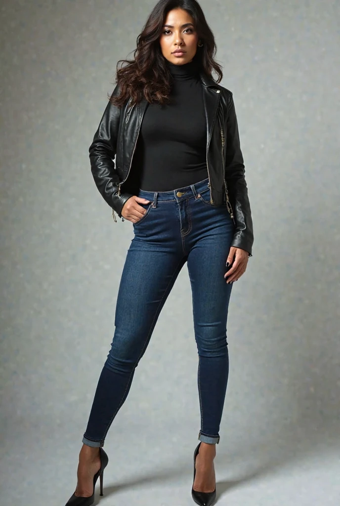 score_9, score_8_up, score_7_up, BREAK,
(((8k wallpaper of extremely detailed CG unit:1.2, masterpiece, hight resolution:1.2, top-quality:1.2, masutepiece))), ((a very beautiful woman, Hands in pockets:1.8, Grunge Fashion:1.2, Wearing a blouson:1.2, Wearing black leather pants, Wearing boots)), ((extra detailed face, Highly detailed black eyes:1.2, extra detailed body, Top quality real texture skins)), (A dark-haired, length hair, de pele branca, Small), ((colorful geometric pattern wall, Colorful wall)), (high-angle, Fisheye:1.3), hyper realisitic, digitial painting,