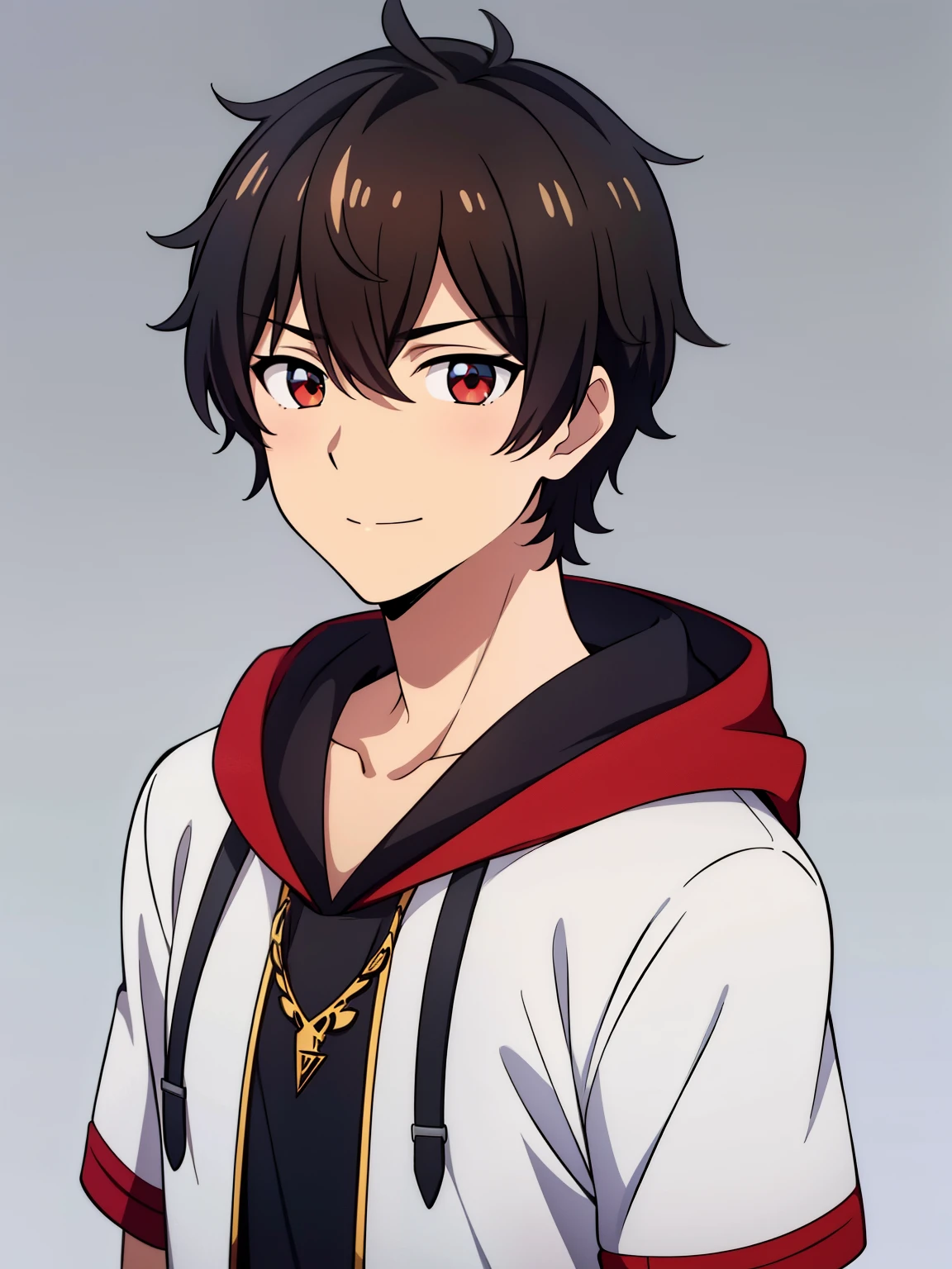 (high-quality, breathtaking),(expressive eyes, perfect face) portrait, 1boy, male, solo, young , black hair, red eye color, short hair length, soft wavy hair, cute smile, loose hair, side bangs, looking at viewer, portrait, facing viewer, medium full shot, happy expression, RWBY clothing, black hoodie, gold trim, white shirt, red, grey background, short sleeves