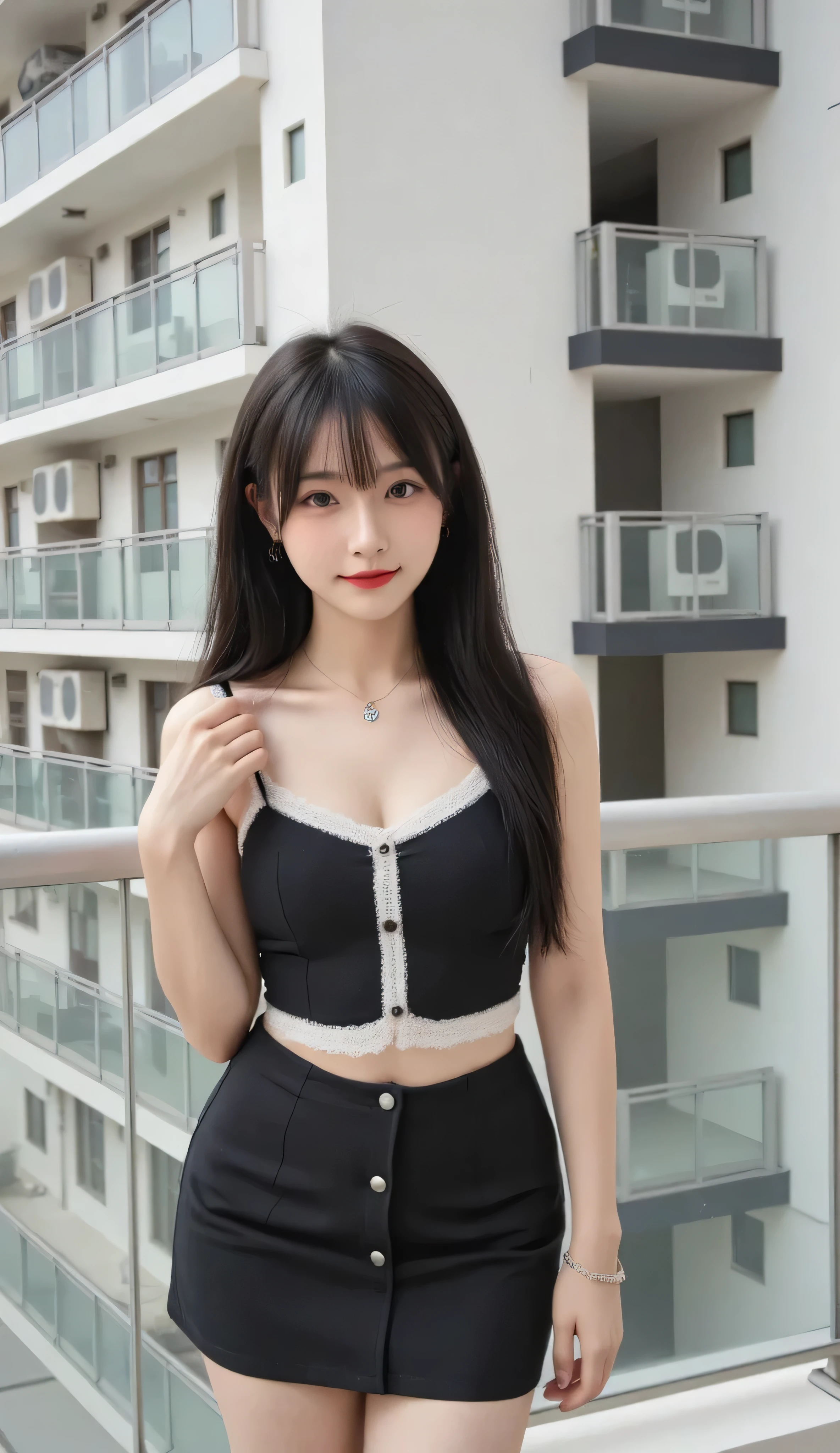 "A young woman standing on a modern apartment balcony. She has long, straight black hair and fair skin. She's wearing a tight black crop top with white lace trim and two small buttons in the front, paired with a matching black mini skirt. The outfit reveals her slim waist and the white lace of her undergarment peeking at the waistband. She has a gentle smile, wears light makeup with red lips, a delicate necklace, and a bracelet. The background shows a high-rise building with glass railings and air conditioning units on the balconies."