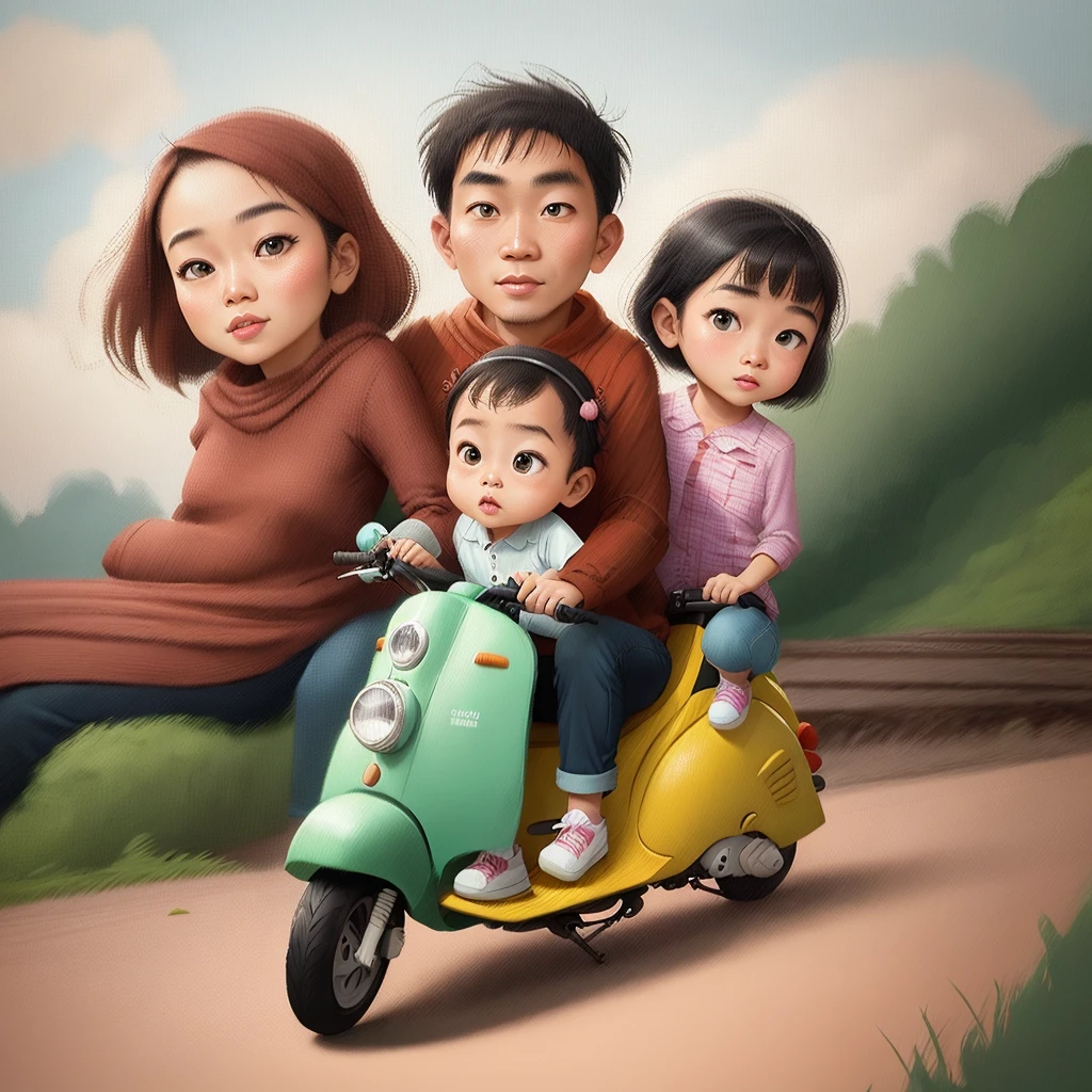 cartoon family riding a scooter with a baby and two adults, an indonesian family portrait, cartoon artstyle, in cartoon style, cartoon digital art, cartoon art style, digital art cartoon, cartoon digital painting, cartoon style illustration, caricature illustration, inspired by Rudy Siswanto, cartoon art, realism artstyle, by Abidin Dino, potrait